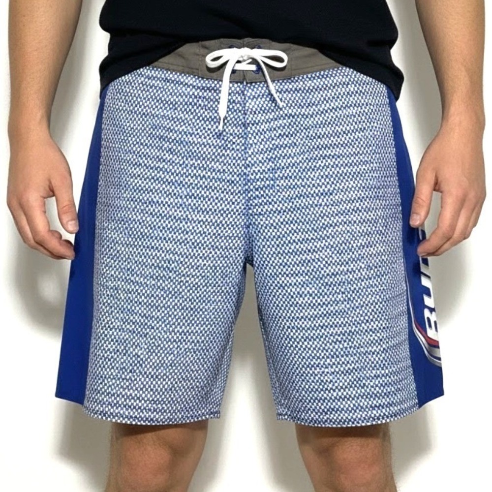 Bud Light Mens Board Shorts Blue Checkered‎ Side Logo Swim Trunks Size 36 Beach